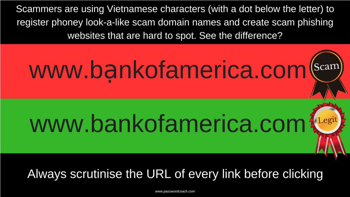 PasswordCoach's tweet photo. Scammers are now using near-miss Vietnamese characters to impersonate the websites of legitmate organisations. Always give every URL a good going over before clicking #smallbiz #business #cybersecurity #scam #tips @scamwatch https://t.co/ep8atar9Nt