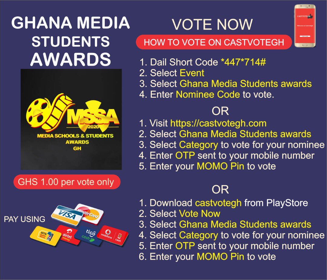 celebzzone's tweet photo. *447*714# 
Select Event 
Select 99 
Select 99 
Select Ghana media student awards 
My nominee code (2284) 
Enter the number of votes https://t.co/0CkvUs1ggE