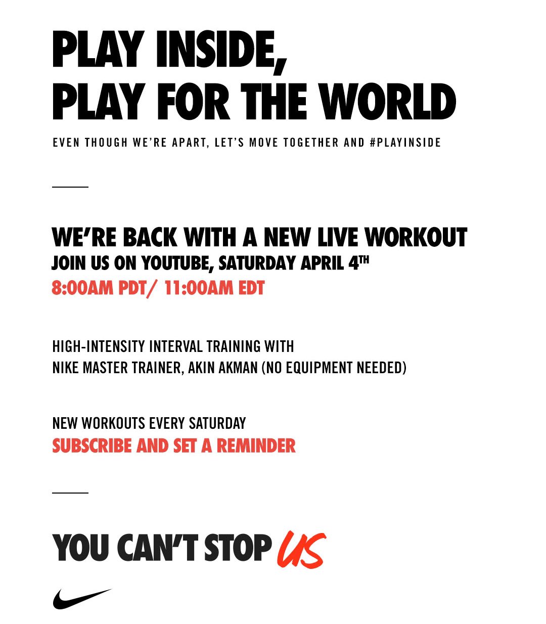 Basketball on Twitter: "We saved you a spot. Join us for a live NTC workout on led by Nike Master Trainer, @akin87. Jump in: https://t.co/4k6FzAYInK #playfortheworld https://t.co/xWXGtJvKQD" / Twitter