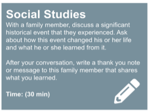 The San Antonio social studies lesson seemed like a good one for a pandemic: interview a family member about a historical event, and write a thank you note. It promotes family connections, social cohesion, listening, writing, and interest-driven learning...15/