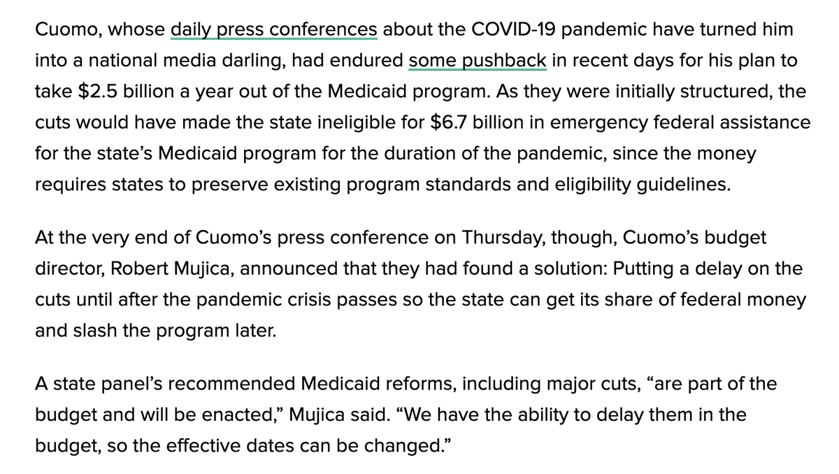 His response? Defer the Medicaid cuts until after the pandemic passes, allowing him to get both the federal billions *and* enact $2.5 billion in annual cuts (albeit later on).This is in a Democratic trifecta state where Democrats control both legislative chambers.