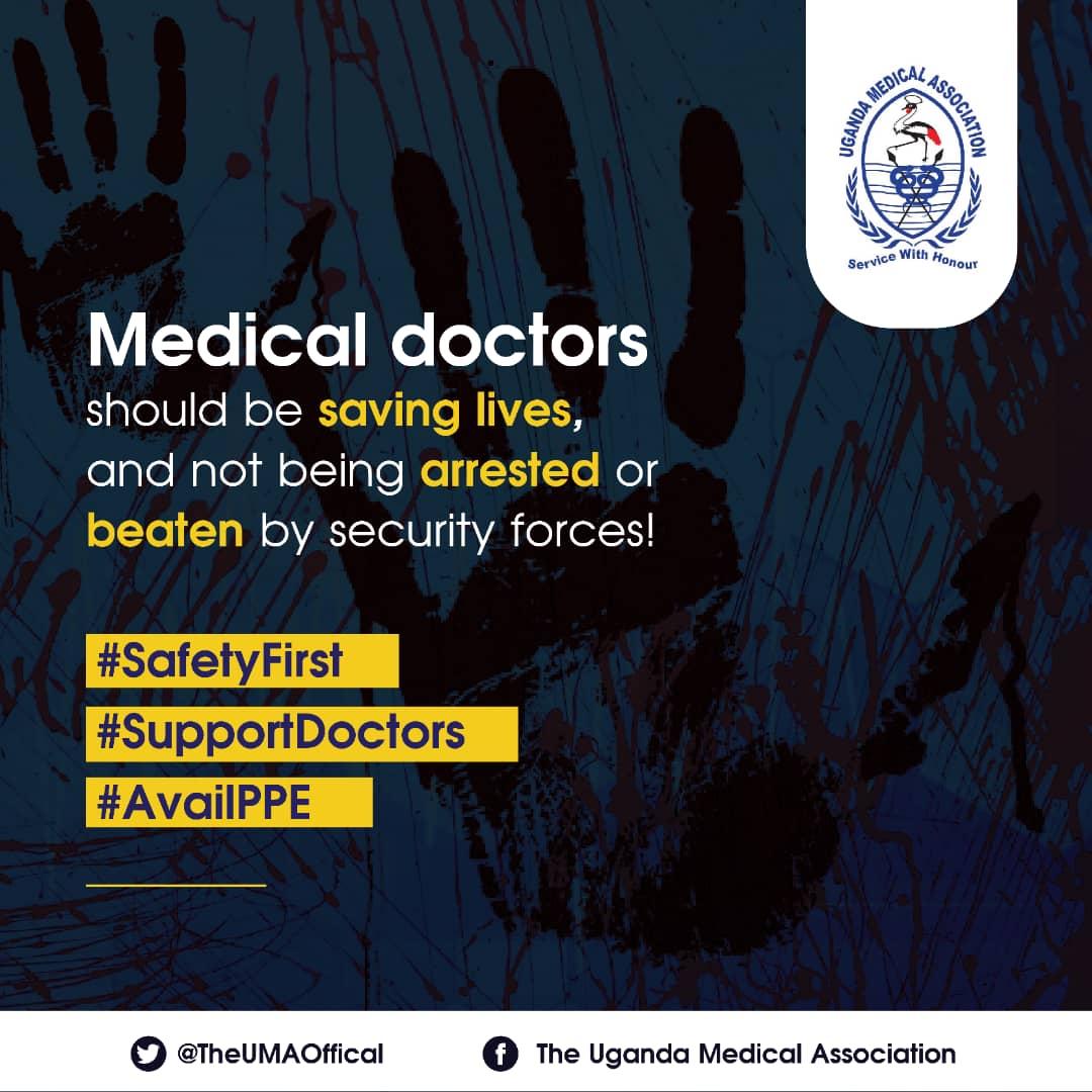Uganda Medical Association (@theumaofficial) on Twitter photo Medical doctors should be saving lives, and not being arrested or beaten by security forces!
#SafetyFirst
#SupportDoctors
#AvailPPE
<a href="/KagutaMuseveni/">Yoweri K Museveni</a>
<a href="/PoliceUg/">Uganda Police Force</a>
<a href="/nbstv/">NBS Television</a>
<a href="/ntvuganda/">NTV UGANDA</a>
<a href="/DianaAtwine/">Dr. Diana Atwine</a>
<a href="/JaneRuth_Aceng/">Dr. Jane Ruth Aceng Ocero</a>
<a href="/MinofHealthUG/">Ministry of Health- Uganda</a>
<a href="/newvisionwire/">The New Vision</a>
<a href="/DailyMonitor/">Daily Monitor</a> Medical doctors should be saving lives, and not being arrested or beaten by security forces!
#SafetyFirst
#SupportDoctors
#AvailPPE
<a href="/KagutaMuseveni/">Yoweri K Museveni</a>
<a href="/PoliceUg/">Uganda Police Force</a>
<a href="/nbstv/">NBS Television</a>
<a href="/ntvuganda/">NTV UGANDA</a>
<a href="/DianaAtwine/">Dr. Diana Atwine</a>
<a href="/JaneRuth_Aceng/">Dr. Jane Ruth Aceng Ocero</a>
<a href="/MinofHealthUG/">Ministry of Health- Uganda</a>
<a href="/newvisionwire/">The New Vision</a>
<a href="/DailyMonitor/">Daily Monitor</a>