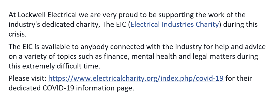 LockwellHQ's tweet photo. Lockwell Electrical are very proud to be supporting the work of @electriccharity. For their dedicated COVID-19 information page please follow this link: https://t.co/s3iqzMXWq7. For further information please see below. https://t.co/PEzpqVvsPW