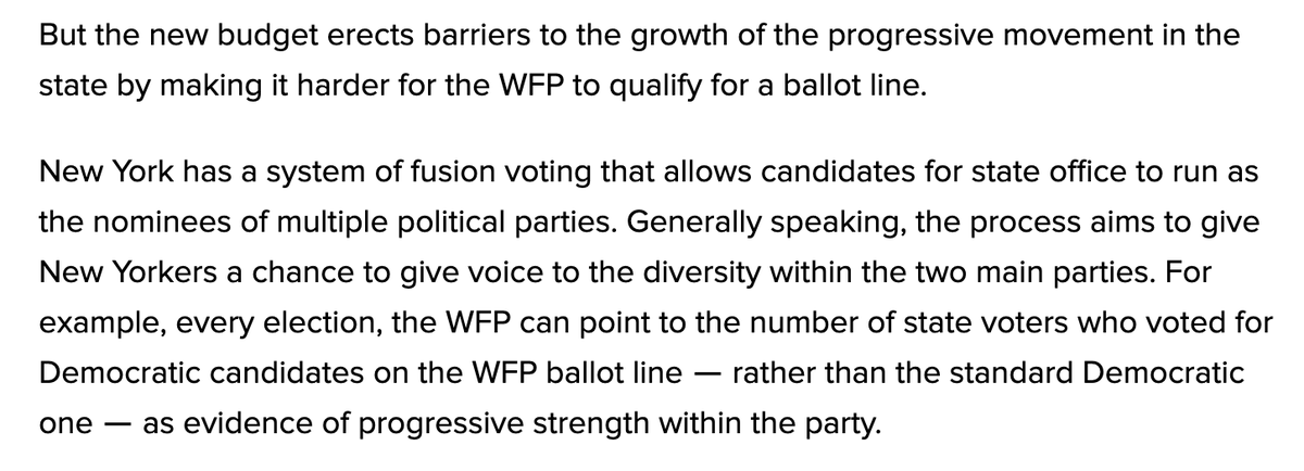 Another important Cuomo priority: Raising the threshold for third parties to get on the ballot from 50,000 in last Gov race to the greater of 130,000 or 2% in last Gov *and* presidential elections.Only the Conservative Party would meet that standard based on 2018 performance.