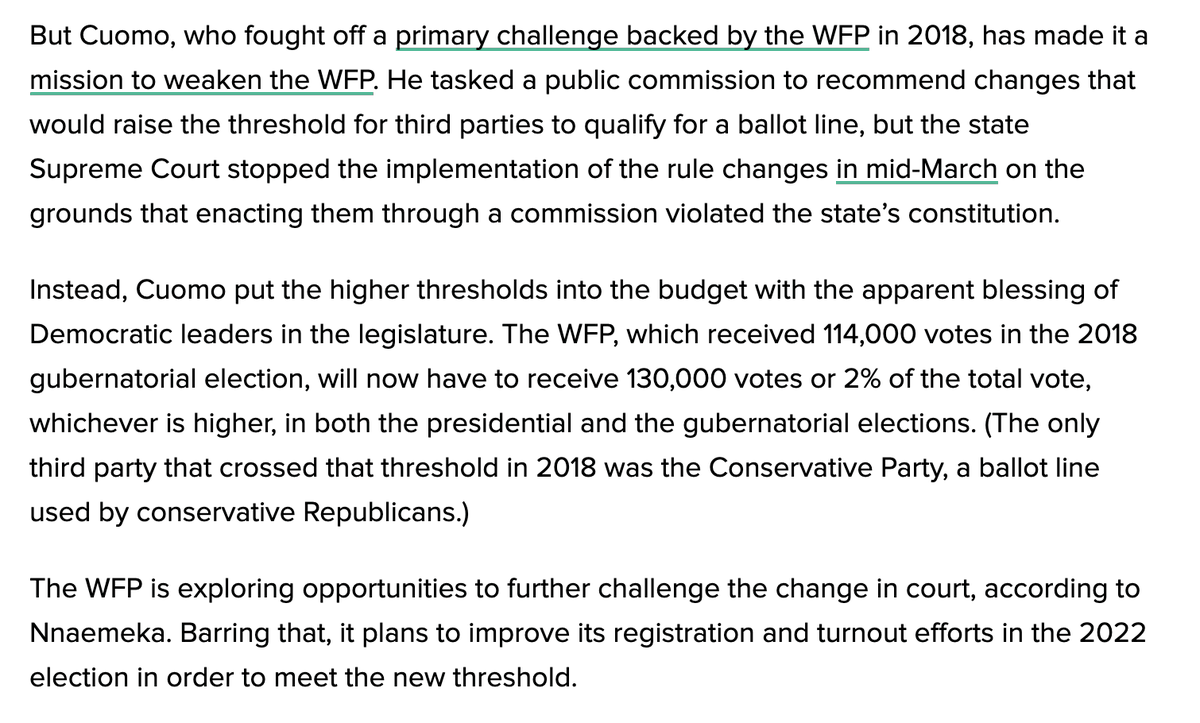 Another important Cuomo priority: Raising the threshold for third parties to get on the ballot from 50,000 in last Gov race to the greater of 130,000 or 2% in last Gov *and* presidential elections.Only the Conservative Party would meet that standard based on 2018 performance.