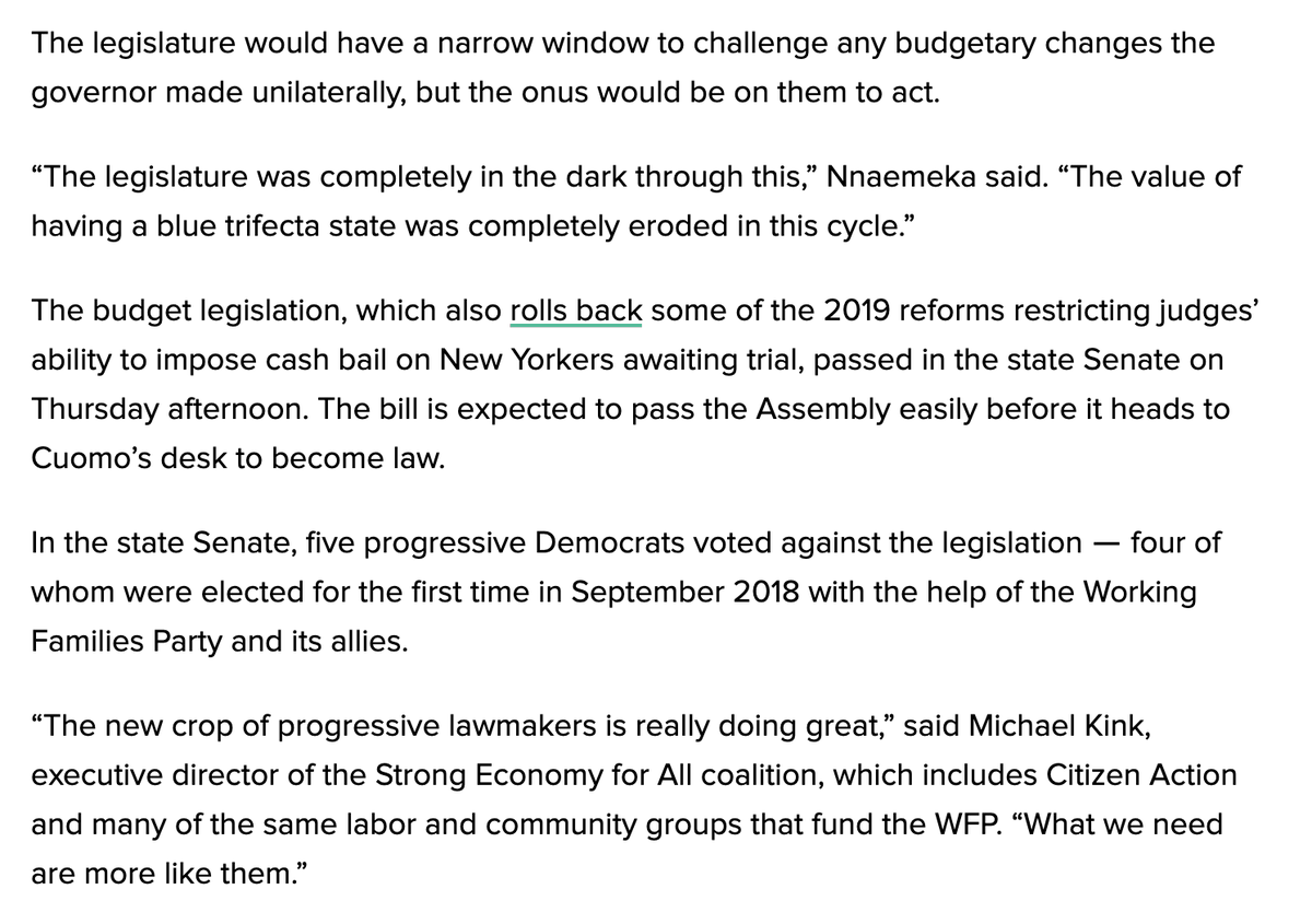 The new rule is designed to screw the  @NYWFP.But the situation would be worse for them without their 2018 victories.Of the 5 Senate Democrats who voted down the budget, 4 were 2018 insurgent candidates (3 were IDC ousters).