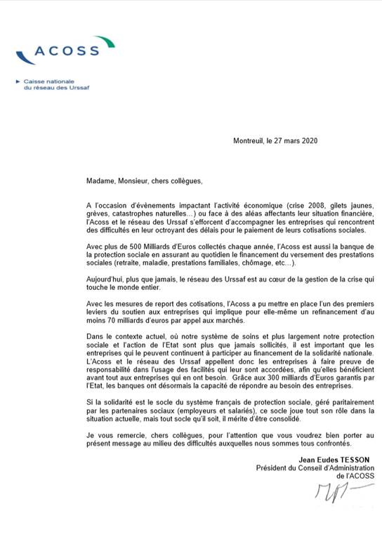 Depuis le début de la crise, nous appelons les entreprises à faire preuve de responsabilité dans l’usage des mesures d’aides et de solidarité à l’égard de celles qui en ont vraiment besoin. Aussi nous avons relayé dès la semaine dernière l’appel <a href="/JeanEudesTESSON/">Jean-Eudes TESSON</a>, pdt de l’#acoss.