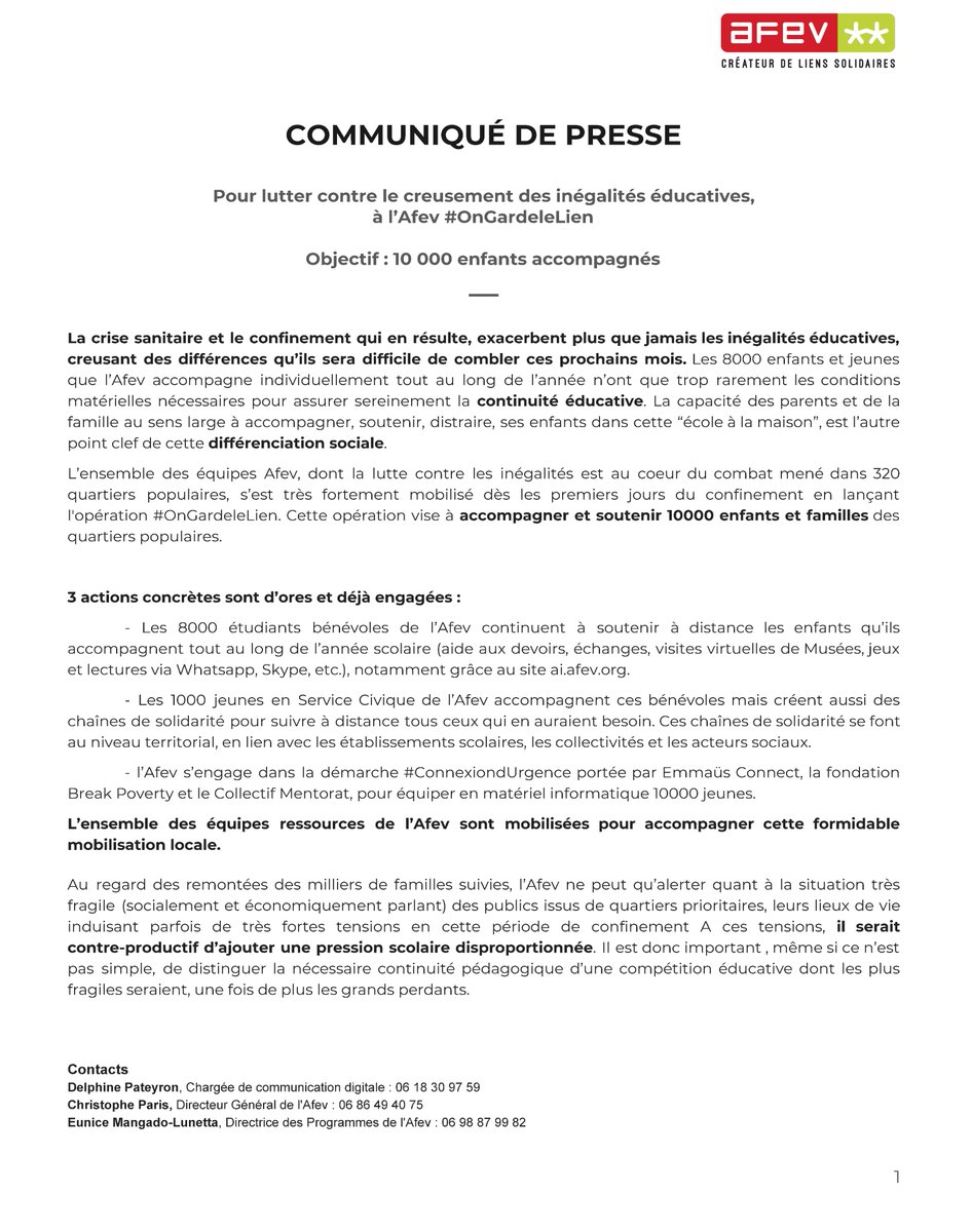 COMMUNIQUE DE PRESSE
Pour lutter contre le creusement des inégalités éducatives, à l'Afev #OnGardeleLien !