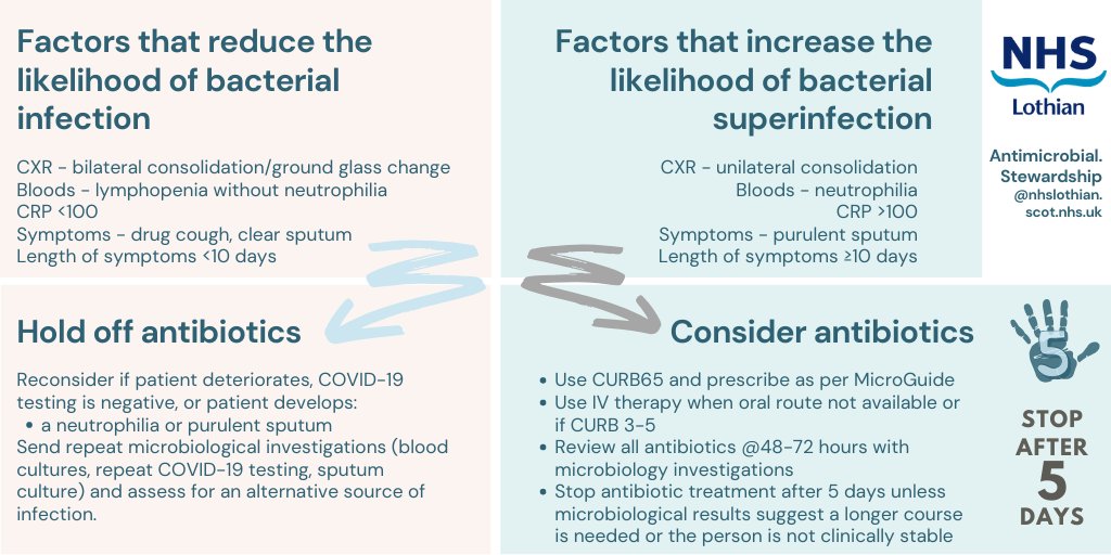 Does my patient need antibiotics? The majority of patients with #COVID19 do not require antibiotics. These factors help with diagnosing bacterial infections for patients sick with COVID19. Remember #ShorterIsBetter use recommended duration of treatment. @NHSLothianMedEd