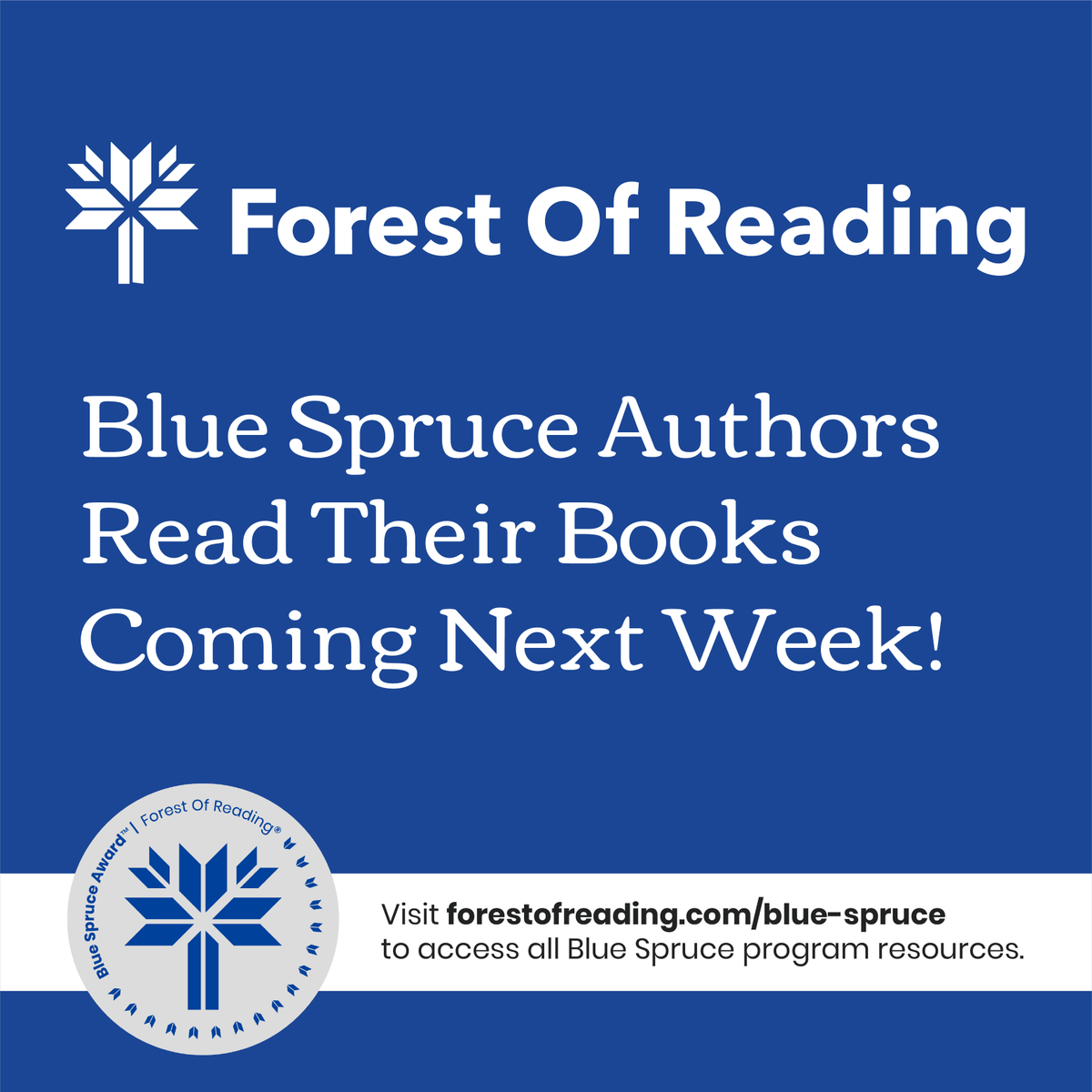 Exciting news! We are happy to announce that the Blue Spruce authors will be reading their nominated titles! Videos will be released starting next week so stay tuned! 

Visit forestofreading.com/blue-spruce to access all Blue Spruce program resources. #ForestofReading #IReadCanadian