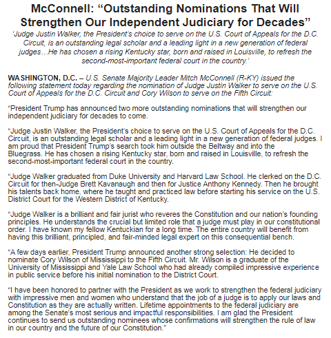 Senate Majority Leader McConnell celebrates Walker's nomination as one of many “Outstanding Nominations That Will Strengthen Our Independent Judiciary for Decades”