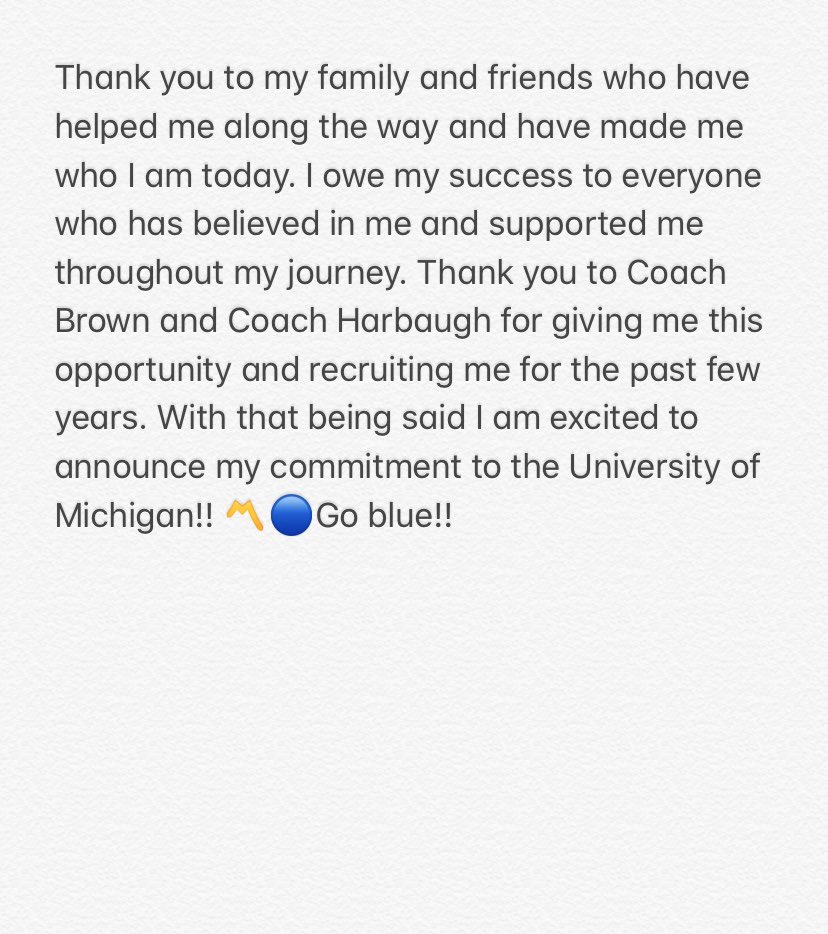 caseyphinney's tweet photo. Excited to announce my commitment to the University of Michigan〽️🔵#GoBlue @FBCoachDBrown @CoachJim4UM @UMichFootball @CoachVoulgaris https://t.co/QBd726auVw