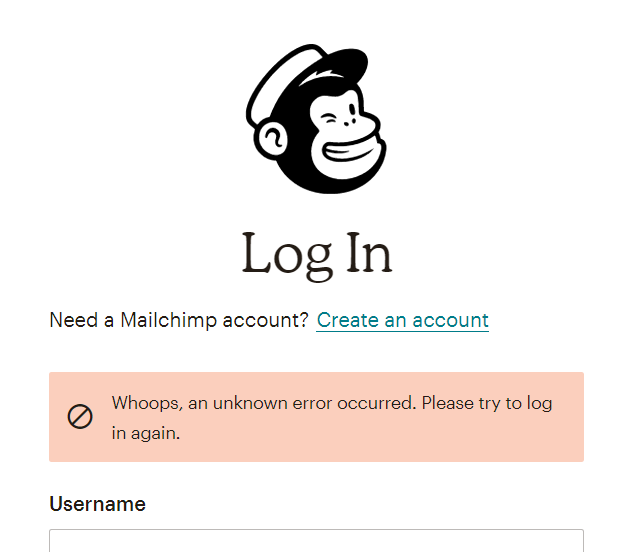 MohanKumar1152's tweet photo. @MailchimpStatus @Mailchimp Getting this error when logging in! Tried multiple browsers, incognito, cleared cache but still no luck. https://t.co/WCNHdmLhm1