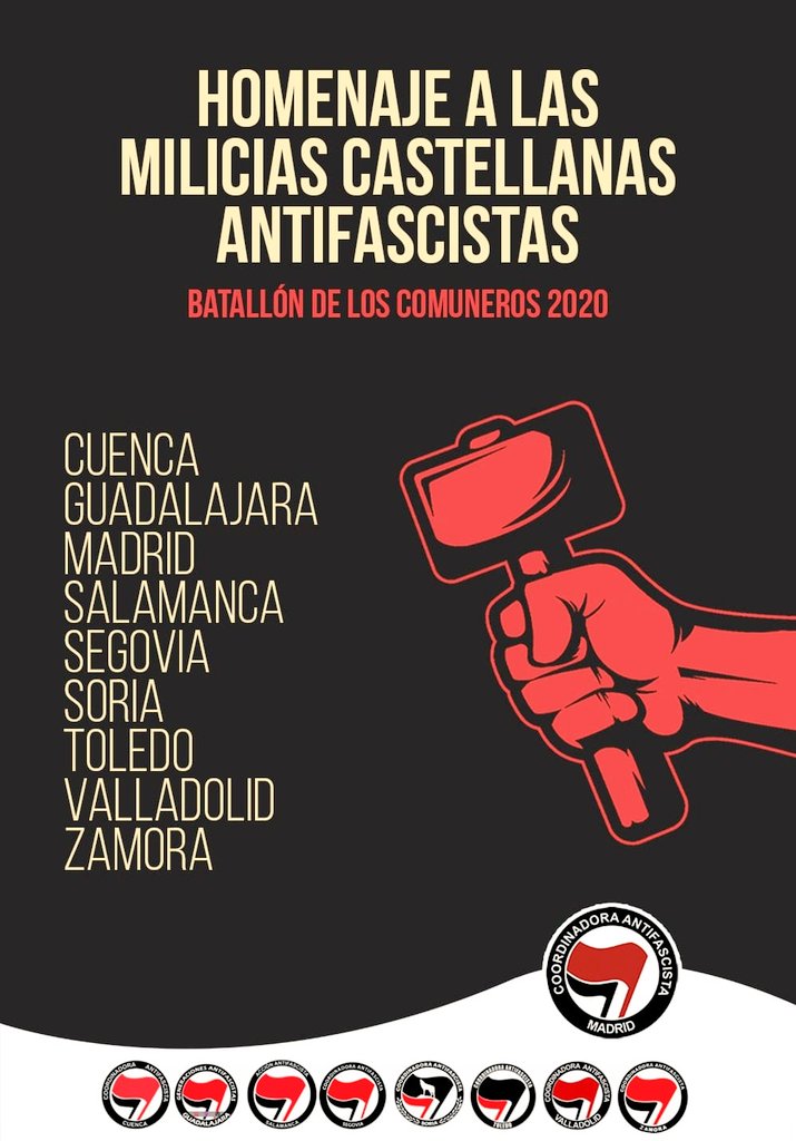 [HOMENAJE] A partir de las 18h dará comienzo el «Homenaje al Batallón de los Comuneros 2020» en todas nuestras redes sociales (Twitter, Instagram y Facebook).

Porque a pesar de las circunstancias, ¡el trabajo antifascista no se detiene! ¡Ni un paso atrás!

#NoPasarán