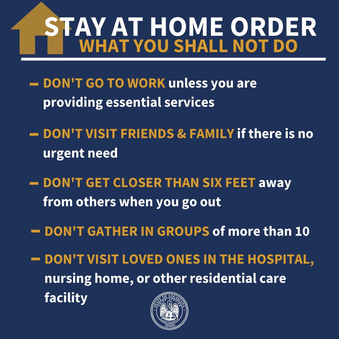 LouisianaGov's tweet image. ICYMI: Yesterday, I formally extended the Stay at Home order until April 30. It is absolutely critical that each Louisianan take this Stay at Home order seriously. Act as if your life depends on it – because it does. 

Do your part. Stay home. Stop the spread. Save lives. #lagov
