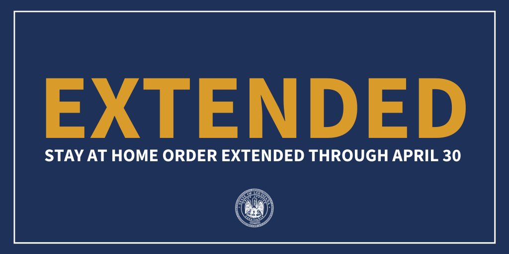 LouisianaGov's tweet image. ICYMI: Yesterday, I formally extended the Stay at Home order until April 30. It is absolutely critical that each Louisianan take this Stay at Home order seriously. Act as if your life depends on it – because it does. 

Do your part. Stay home. Stop the spread. Save lives. #lagov