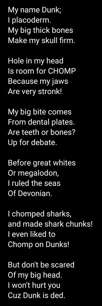 DunkCHOMPS's tweet photo. Enjoy some #paleopoetry for #fossilfriday courtesy of everyone's favorite #placoderm, #Dunkleosteus! https://t.co/hXI3HTJ7z6