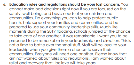 Many states are advocating pass/fail or credit/no credit grading, or encouraging competency-based approaches to making up lost work. This fits in a broader pattern of encouraging flexibility. Here's from Nebraska, about doing the right thing over adhering to policy. 26/
