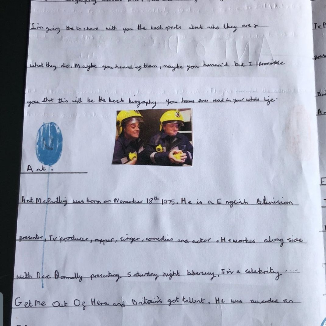 93Cornford's tweet photo. My nephew is without doubt one of the biggest Ant and Dec fans there is. For his home learning he chose to write all about the lives of Ant and Dec. It would mean the world to him if the got to see this... #saturdaynighttakeaway is 100% his favourite show. @antanddec @itv https://t.co/mIfBG8XPbO
