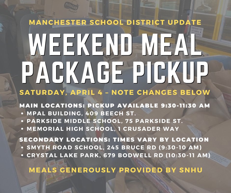 THREAD: We're set for weekend meal package pickup this Saturday, April 4, with meals courtesy of  @SNHU. HUGE REMINDER: Please practice social distancing - keep at least six feet between people - when you're in line for meal pickup. 1/3
