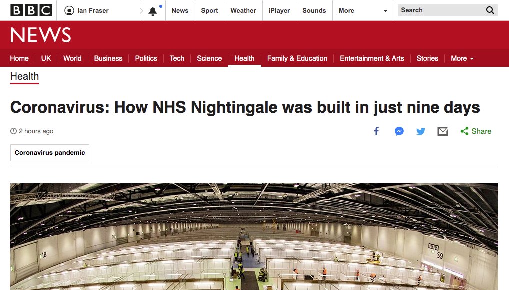 BBC News keeps telling us "a new hospital has been built in 9 days". That's false. The reality is an existing conference centre, built in 2000, has been lent to the NHS by the Abu Dhabi government and converted into a field hospital in 9 days.  #NHSNightingale