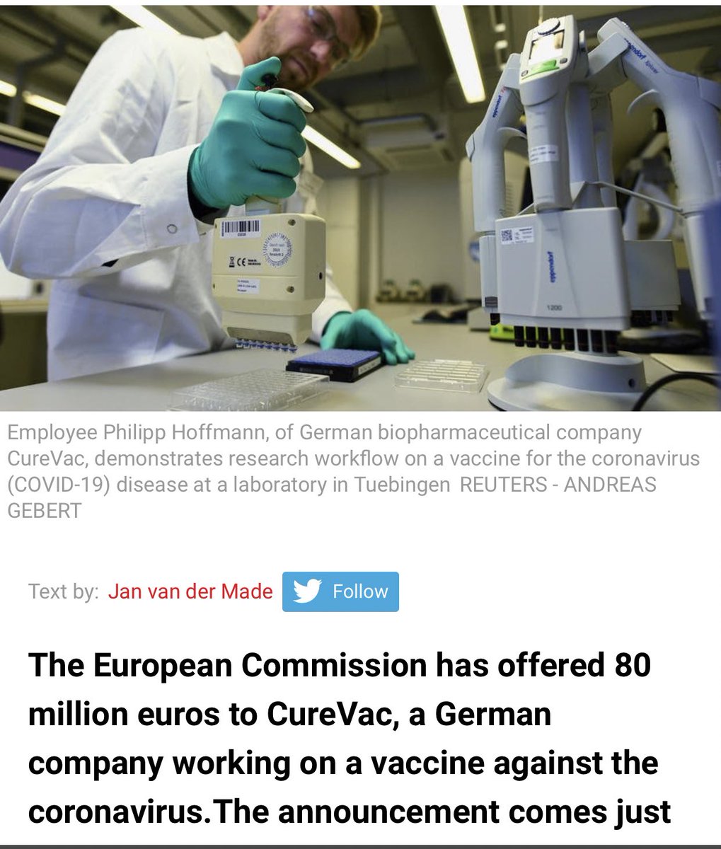 CureVac “is part of  coordinated EU response  to the public health threat of  #Covid19.” It uses genetic eng techniques to “biologically optimise” message transfer in human cells, to “give the body information it needs to fight a disease” & promote the development of antibodies