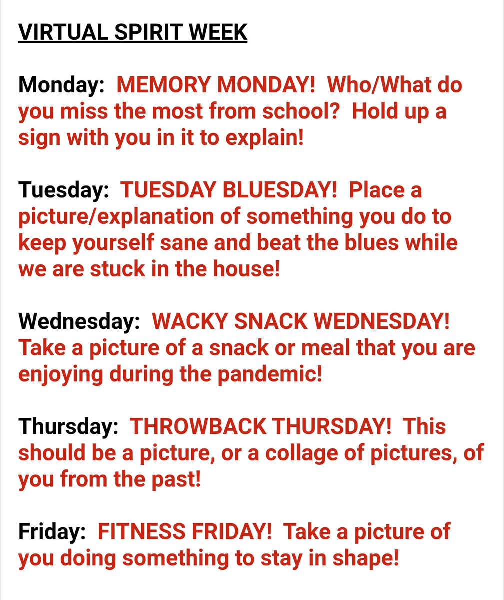 Lackey Community, I miss you!  Let’s reconnect with a VIRTUAL SPIRIT WEEK Monday, April 6th - Friday, April 10th.  Tag me and <a href="/LackeyHS/">Henry E. Lackey H.S.</a> so that we can see you and celebrate you!  Make sure you put #LackeyPRIDE 
I’ll see you Monday morning!
#LackeyPRIDE