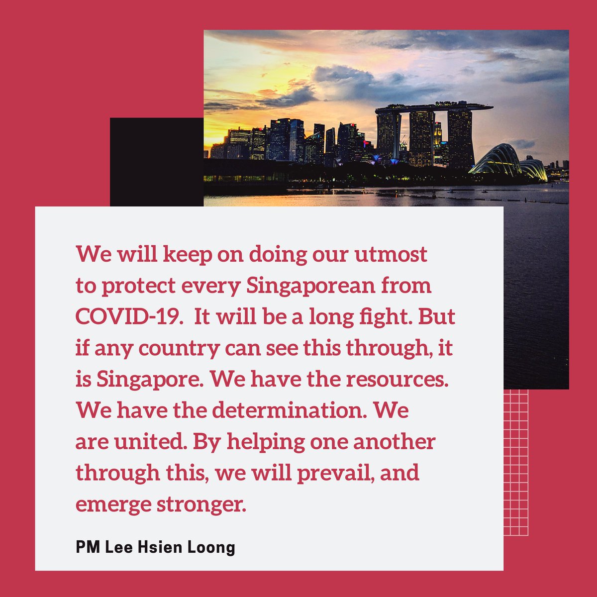singapore's tweet photo. Now, more than ever, we must come together and stand united to end this #COVID19 outbreak. We are all at the front lines of this battle. Let's do the right thing for Singapore, and the world. Majulah, Singapura! 🇸🇬 #SGUnited https://t.co/kbi7R8l2mw