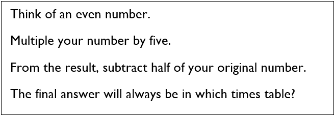 OCR_Maths's tweet photo. Below is a number trick. The final answer will always be in which times table? Show algebraically that this is true.

#OCRmathsPuzzle #maths #puzzle #teacher #number #algebra https://t.co/S7cIEwtphW