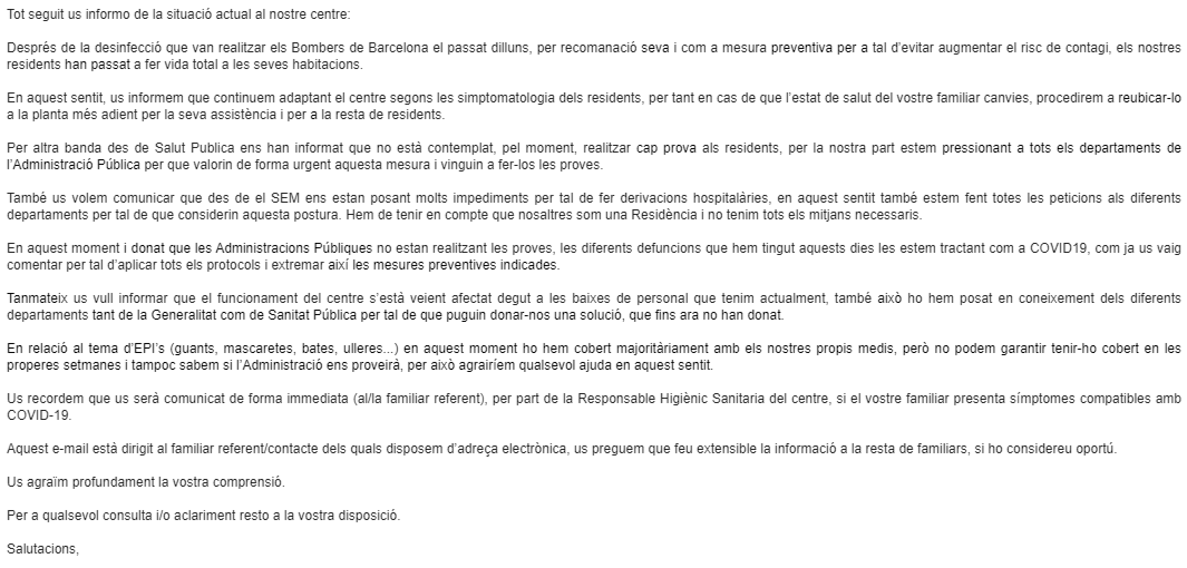 tania_baena's tweet photo. Aquest és el mail que rebo de la residència on està la meva mare. M'ajudeu!?🙏
En resum l'administració, @govern @aferssocialscat @salutcat  no fa proves de COVID-19. El SEM està posant molts impediments per fer derivacions hospitalàries... (Segueixo fil)👇 https://t.co/8MIJ6UJ9FO