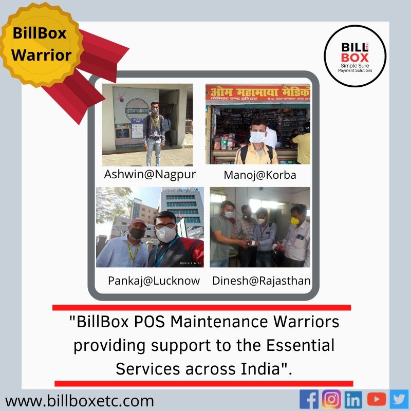 BillBoxetc's tweet photo. BillBox POS Maintenance Warriors across the country providing essential services to the country

#COVID19 #Lockdown #merchantservices #billboxetc #merchantacquiring #payments #fintech #banking #IndiaPaySafe #npci #digitalpayment #fintech #indiafightscorona #indianretailer https://t.co/uLOUA7Abt3