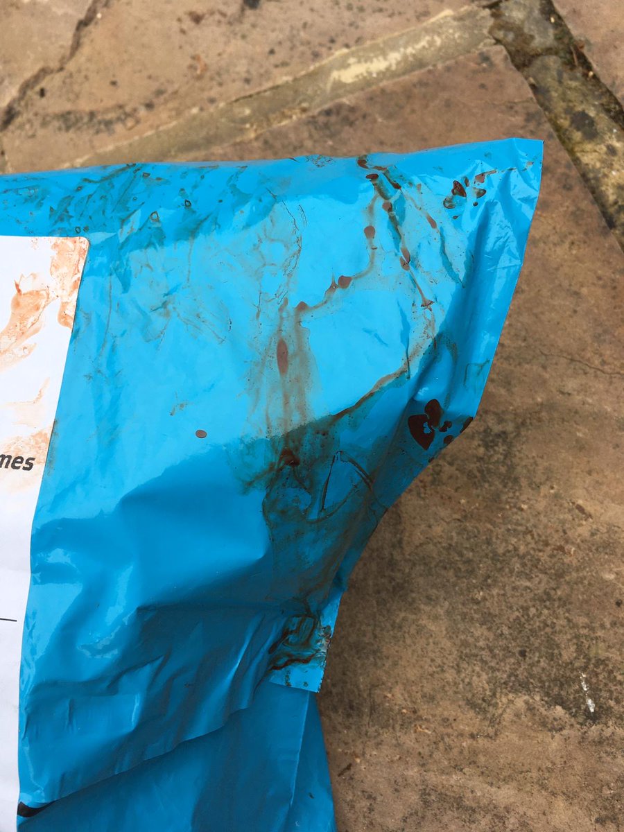 cathydonald's tweet image. Hi @Hermesparcels any chance someone can get back to me please, or should we contact police for having a parcel delivered covered in blood? have tried calling and emailing....