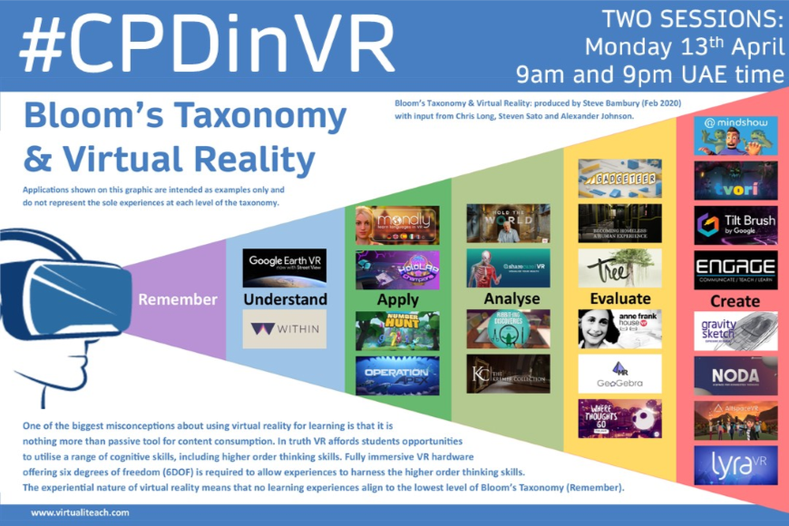 #CPDinVR returns on April 13th with 2 chances to join me for a session on #VR and Bloom's Taxonomy.
Find out more and register to join me here: engagevr.io/public-events/
Sessions at 9am and 9pm UAE time.
#ARVRinEDU <a href="/deep_rifter/">Chris Madsen</a> #remotelearning
