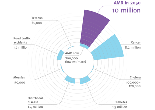 Why does  #AMR matter? Drug-resistant infections are costly, complicated & can be fatal. They kill at least 700k people/year. ‘Review on Antimicrobial Resistance’ predicted 10mil deaths/year by 2050 if no action is taken (see  https://amr-review.org/ ). (3/12)