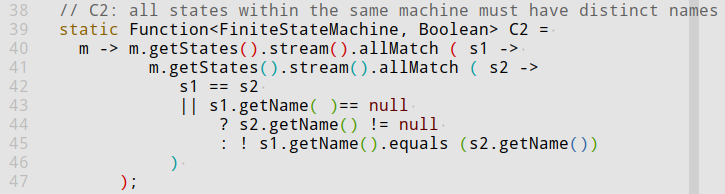 The first exercise today was to take my  #scala example of checking a simple constraint on an  #ecore instance and translate it to  #java (after I already done this for  #python and  #js). The key part of the result is attached both in Scala and Java. 1/14