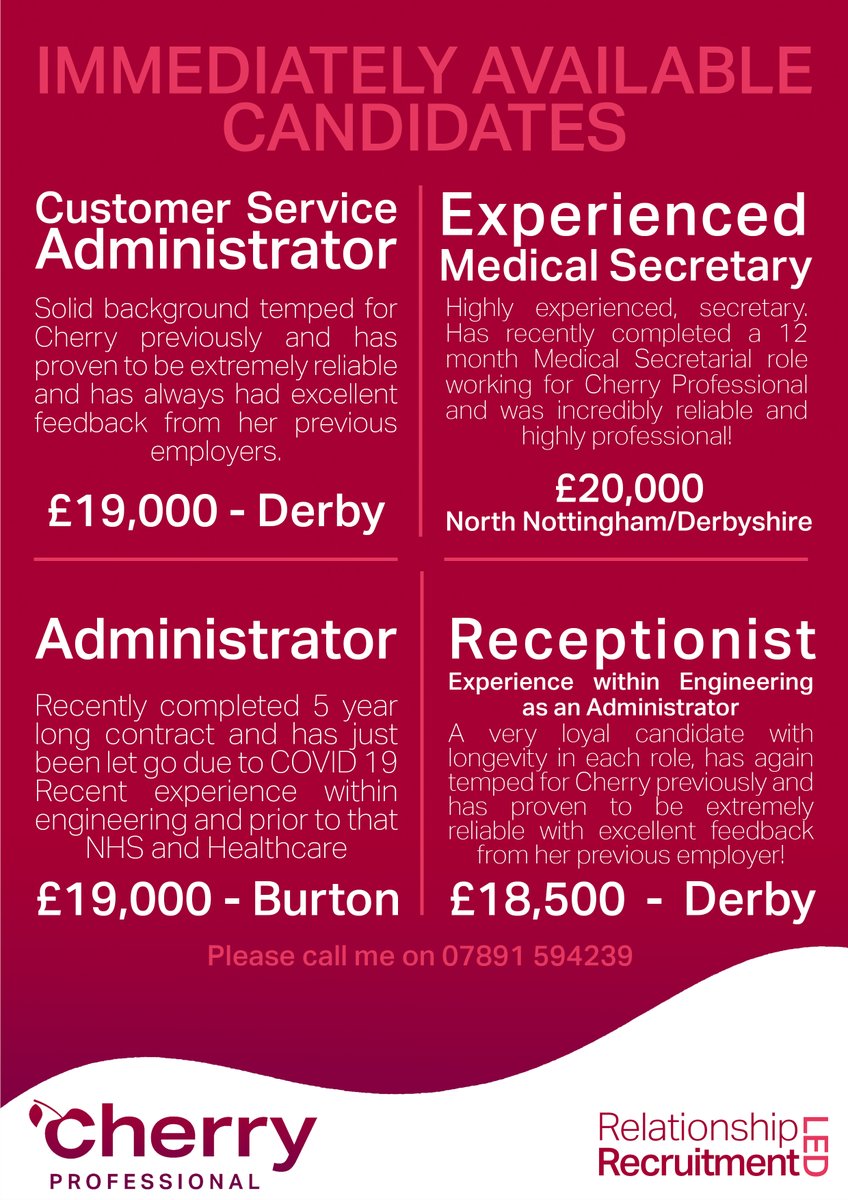 cherryprof's tweet photo. We have 4 fantastic people who have recently been let go from their last role due to COVID-19. We want to help our candidates get back on their feet as quickly as possible, so if your business needs any Admin/Secretarial support please contact Kerry on 078915942389. #recruitment https://t.co/MlNd4rfV2J