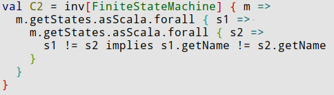 The first exercise today was to take my  #scala example of checking a simple constraint on an  #ecore instance and translate it to  #java (after I already done this for  #python and  #js). The key part of the result is attached both in Scala and Java. 1/14