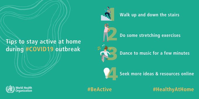  #COVID19: Working from home means people are sitting longer. It is important for your health to get up often, for at least 3 minutes, to stretch your muscles.What are you doing to be  #HealthyAtHome  ? Join our challenge and share your video!