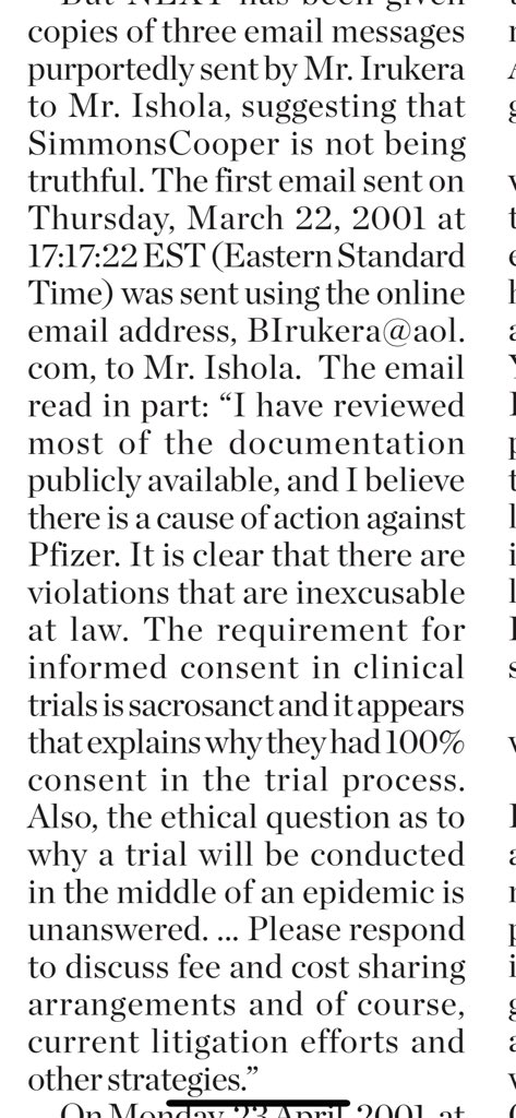 Then the Government itself decided to sue Pfizer without carrying the victims' lawyer along. Tunde Irukera had been reaching out to victims lawyers before Govt stepped in. He denied this but his own Emails show he was lying.