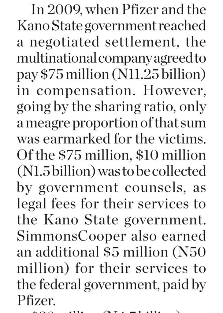 The Government Lawyers took $15m, Kano state took $30m, they left a conditional $35m for the victims, to be released by a certain comiteee upon the victims meeting some arbitrary criteria.