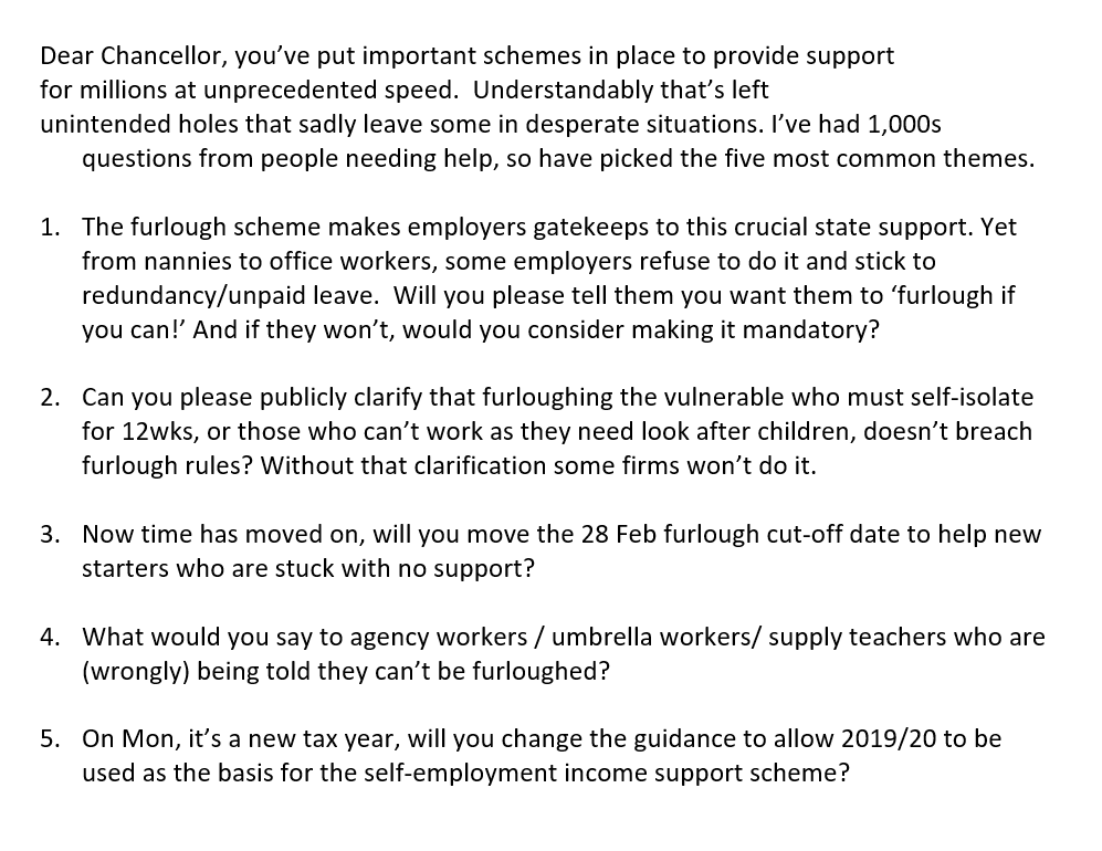 Martin Lewis (@martinslewis) on Twitter photo Chancellor, <a href="/RishiSunak/">Rishi Sunak</a>, uv put important schemes in place to provide support for millions at unprecedented speed.
Understandably that’s left
unintended holes that sadly leave some in desperation. I’ve had 1,000s questions, so I've picked the 5 most common themes... #AskRishi Chancellor, <a href="/RishiSunak/">Rishi Sunak</a>, uv put important schemes in place to provide support for millions at unprecedented speed.
Understandably that’s left
unintended holes that sadly leave some in desperation. I’ve had 1,000s questions, so I've picked the 5 most common themes... #AskRishi