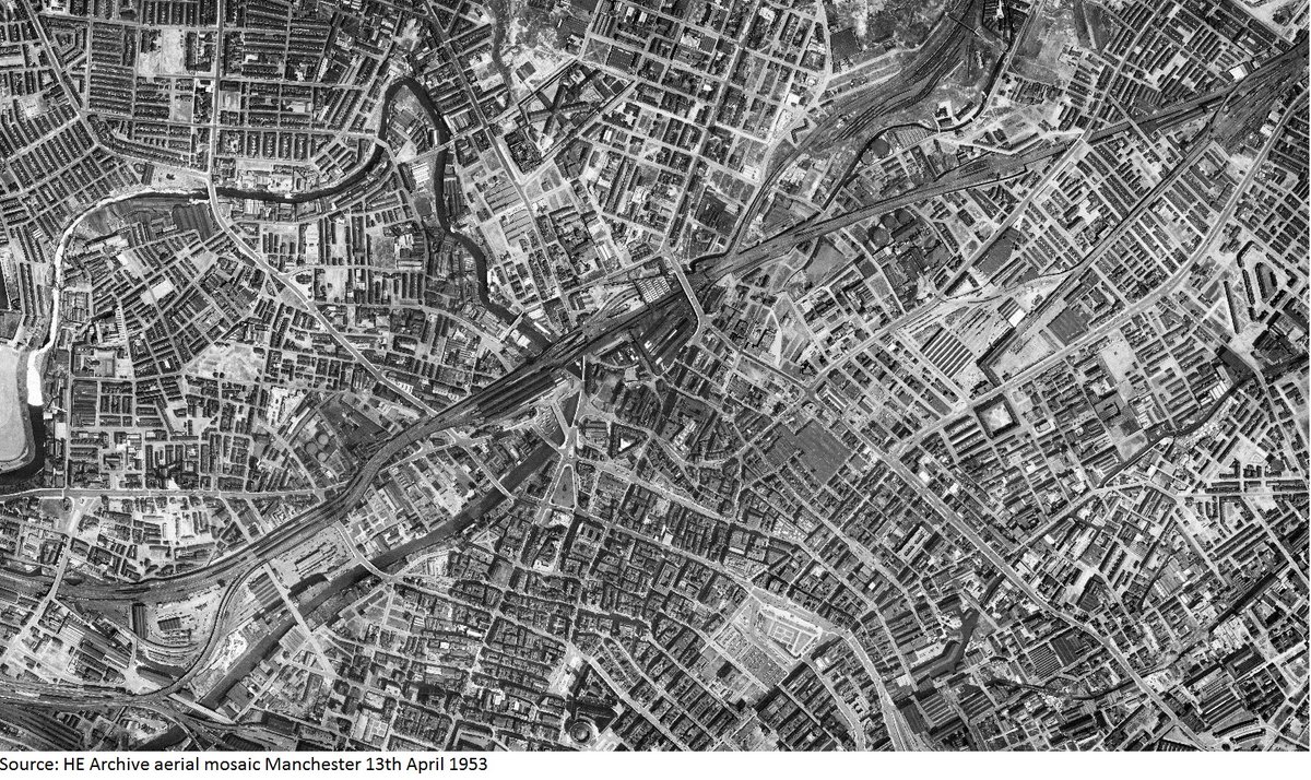 We’re going to post a longish thread about  #Manchester based on this photo mosaic aerial shot from 1953. The next aerial image has labels of locations that will be in the thread – they won’t be in numerical order so don’t panic.  #FridayFeature