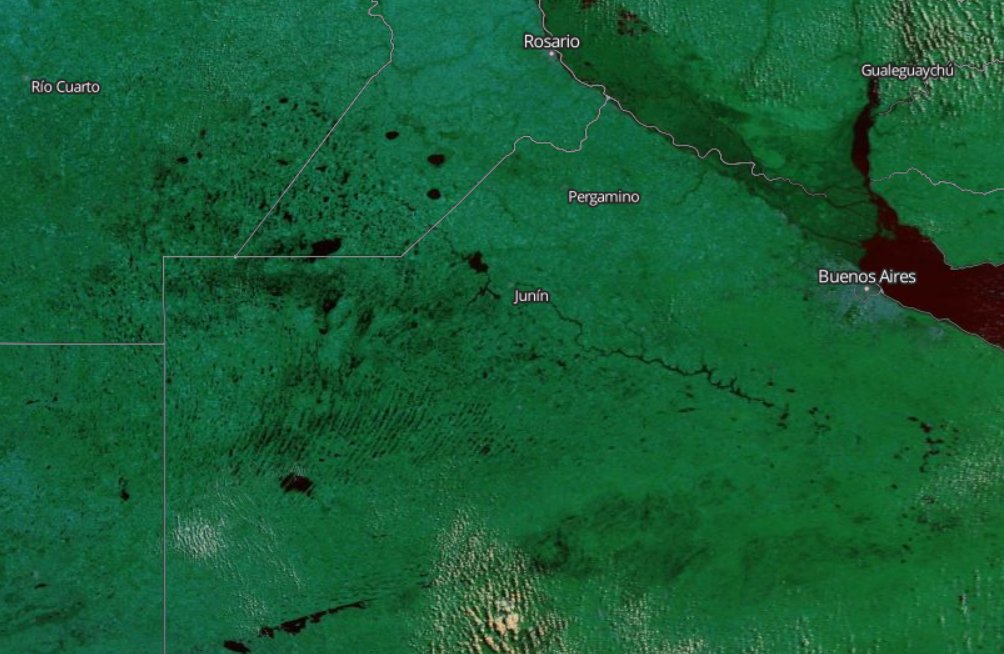 joacolascombes's tweet image. Imagen MODIS del 02-04-2020 mostrando en tonos oscuros las zonas afectados por anegamientos/inundaciones 

#meteojl #agdron