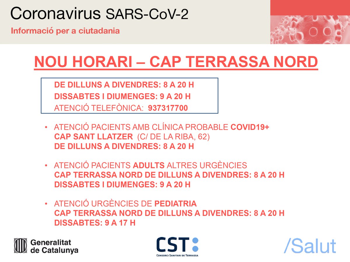 CSTerrassa's tweet photo. Informació per a la ciutadania sobre els Centres d'Atenció Primària gestionats pel @CSTerrassa #CAPsTerrassa #CAPMatadepera #AtencióPrimàriaCST #COVID19 @ajterrassa @AjMatadepera https://t.co/d6Zxr79Dbf
