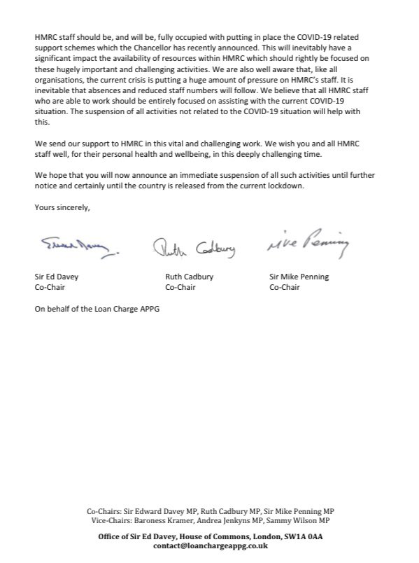 In light of the #COVID19 lockdown &amp; the fact that older &amp; vulnerable people should not leave their houses,  <a href="/HMRCgovuk/">HM Revenue & Customs</a> must suspend all activity involving correspondence that requires a 30 day response in writing. The law doesn’t allow discrimination. loanchargeappg.co.uk/wp-content/upl…