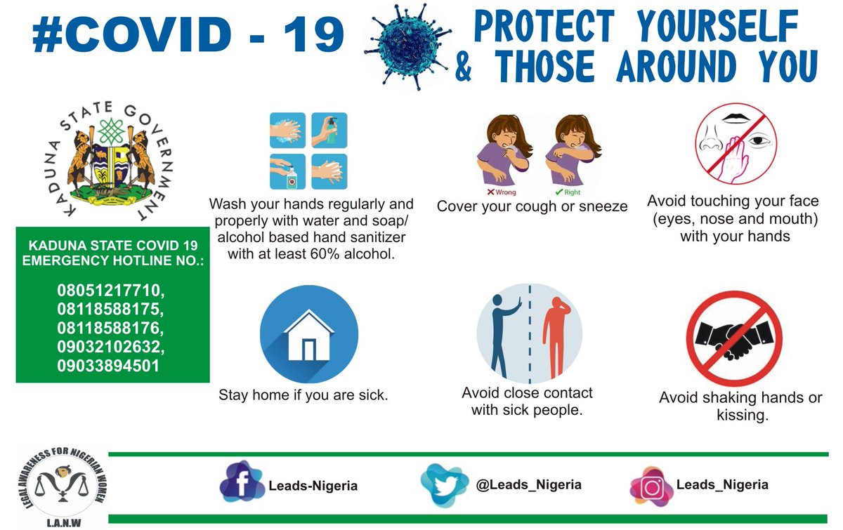 #COVID19Pandemic
#COVID19Nigeria 
#StayHomeSaveLives 
Protect yourself and those around you. 
<a href="/KDHSSD/">Human Services & Social Development Kaduna</a> <a href="/NCDCgov/">NCDC</a> <a href="/GovKaduna/">Governor of Kaduna</a> <a href="/Fmohnigeria/">Federal Ministry of Health, NIGERIA</a> <a href="/KADHSMA/">Kaduna State Health Supplies Management Agency</a> <a href="/SalamaSarc/">Salama S.A.R.C Kaduna</a> <a href="/SakoRebecca/">Rebecca Sako-John</a> <a href="/UNICEF_Nigeria/">UNICEF Nigeria</a> <a href="/aidfoundation/">#AIDFoundation</a> <a href="/HAhuwan/">Hannatu Ahuwan</a> <a href="/KDPEACECOM/">Kaduna State Peace Commission</a> <a href="/wrahpnigeria/">Women's Rights and Health Project (WRAHP)</a> <a href="/FIDANigeria/">FIDA Nigeria</a> <a href="/NDI/">National Democratic Institute</a> <a href="/CAID_Nigeria/">Christian Aid in Nigeria</a> <a href="/macfound/">MacArthur Foundation</a>