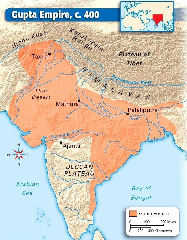 The sea-borne trade of India and her colonizing activities showed an increase during the Gupta period and during the 'age of Harsha'.Images of Gupta and Harsha's Empire, respectively.