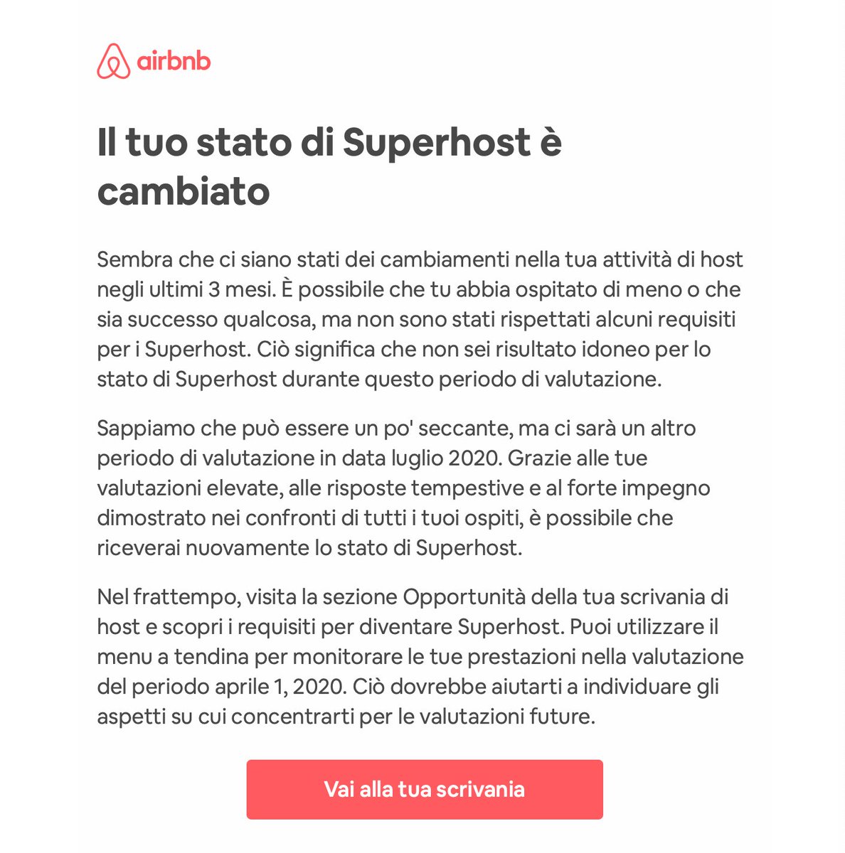 .@airbnb_it <a href="/Airbnb/">Airbnb</a> <a href="/AirbnbHelp/">Airbnb Help</a> status #Superhost scrivete agli host "È possibile che tu abbia ospitato di meno” in piena crisi da #COVID2019. Se è uno scherzo è di pessimo gusto. Congelare tutti gli status di #superhost sinceramente mi sembrerebbe il minimo segno di solidarietà