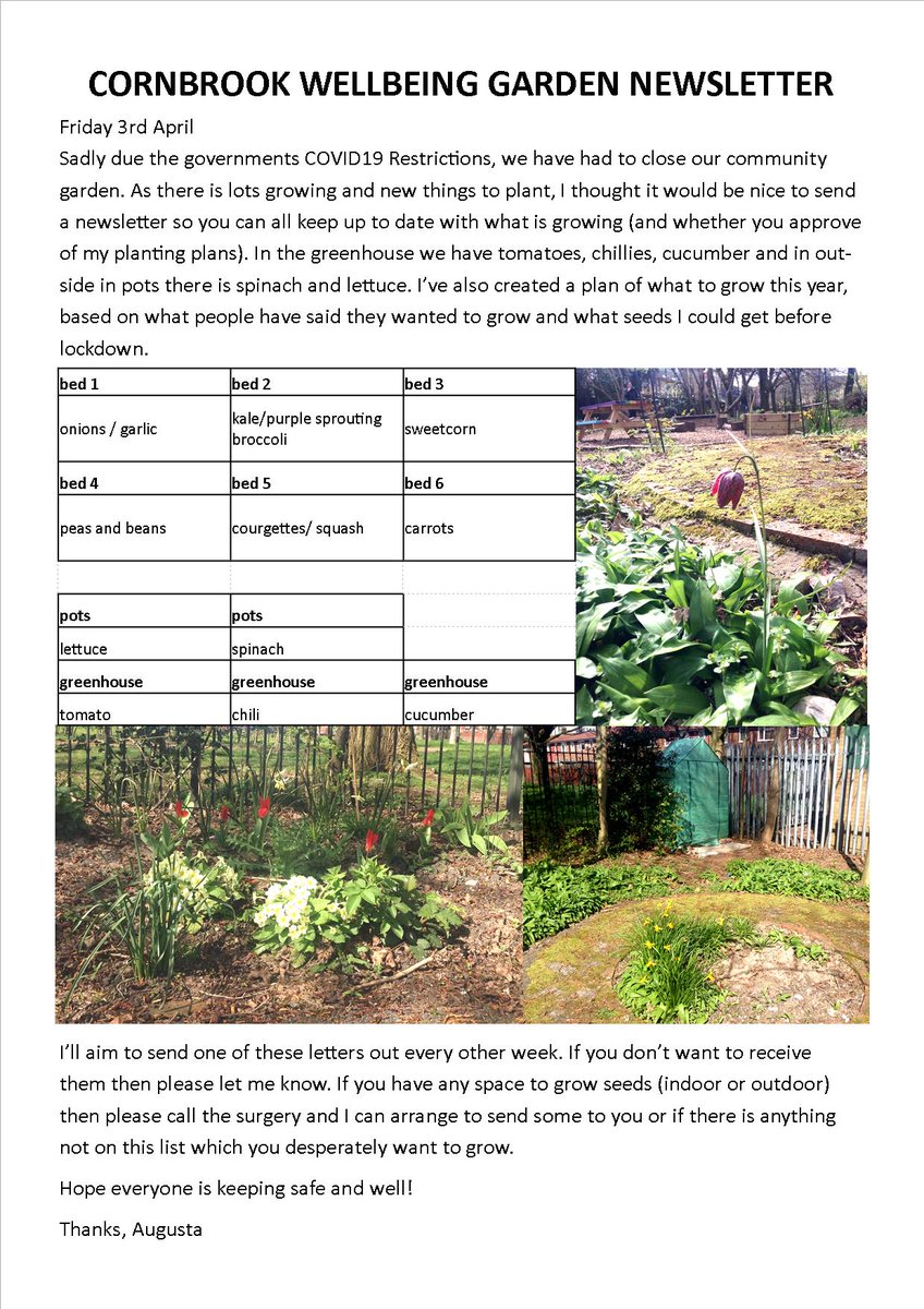Friday afternoon is normally gardening time at Cornbrook Medical Practice - sadly due to COVID19, we have had to cancel the weekly gardening group. As its such an important time in the plant world, we'll be sending out a fortnightly newsletter. Stay safe everyone