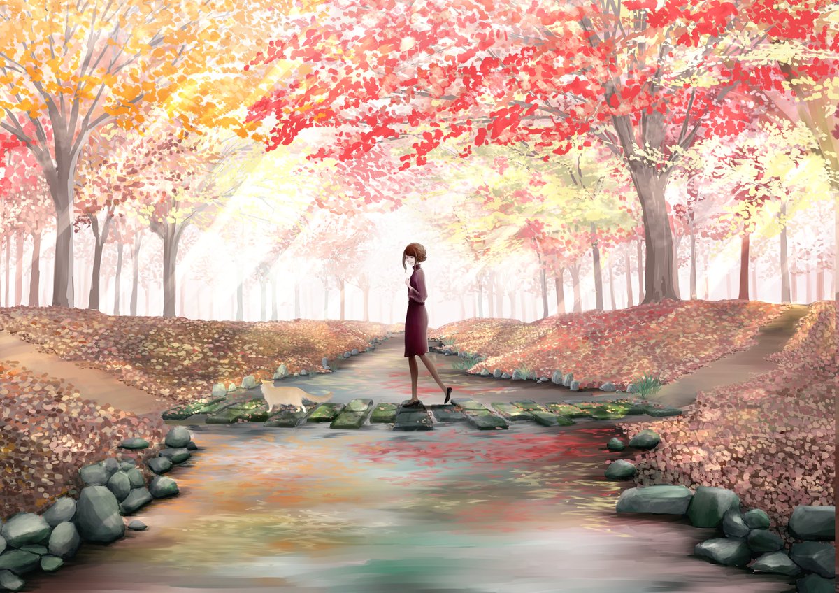 イシカワ ナオキ 秋に浸って Illustration Original Artwork Autumn イラスト オリジナル 風景 背景美術 創作 自然 秋 紅葉 落ち葉 川 女の子 少女 猫